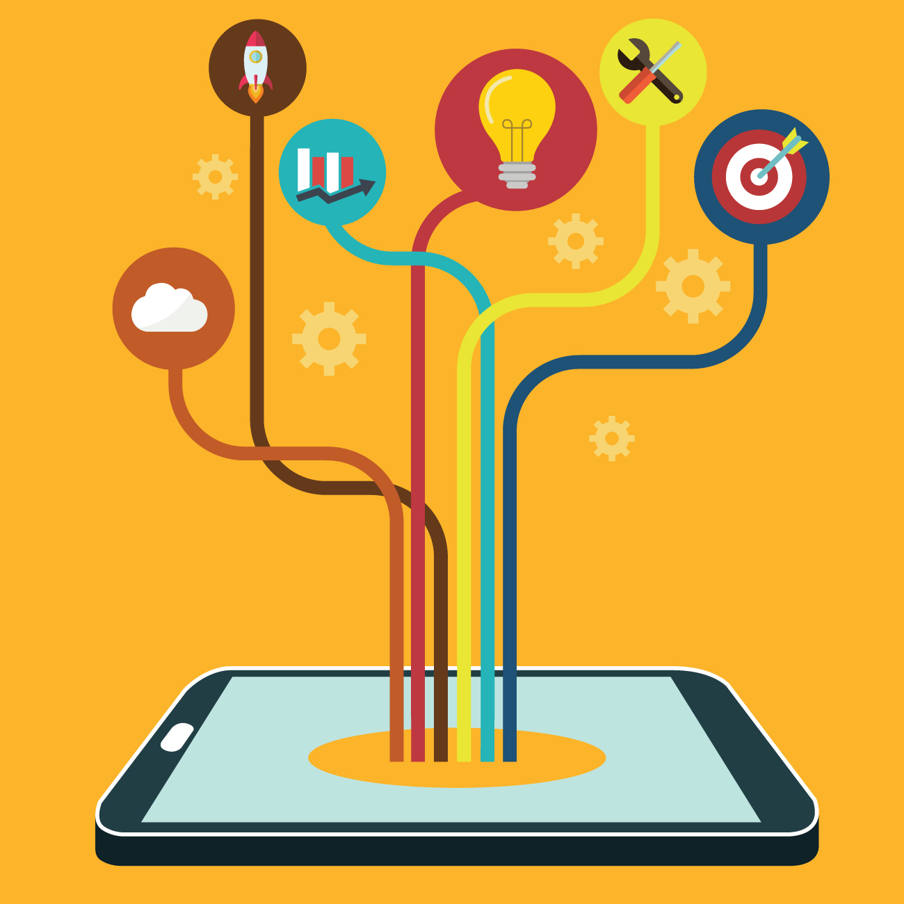 illustration of mobile device with colorful icons representing digital tools