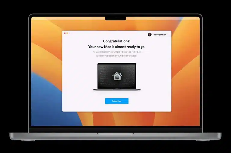 laptop screen showing setup confirmation for new Mac with FileVault encryption