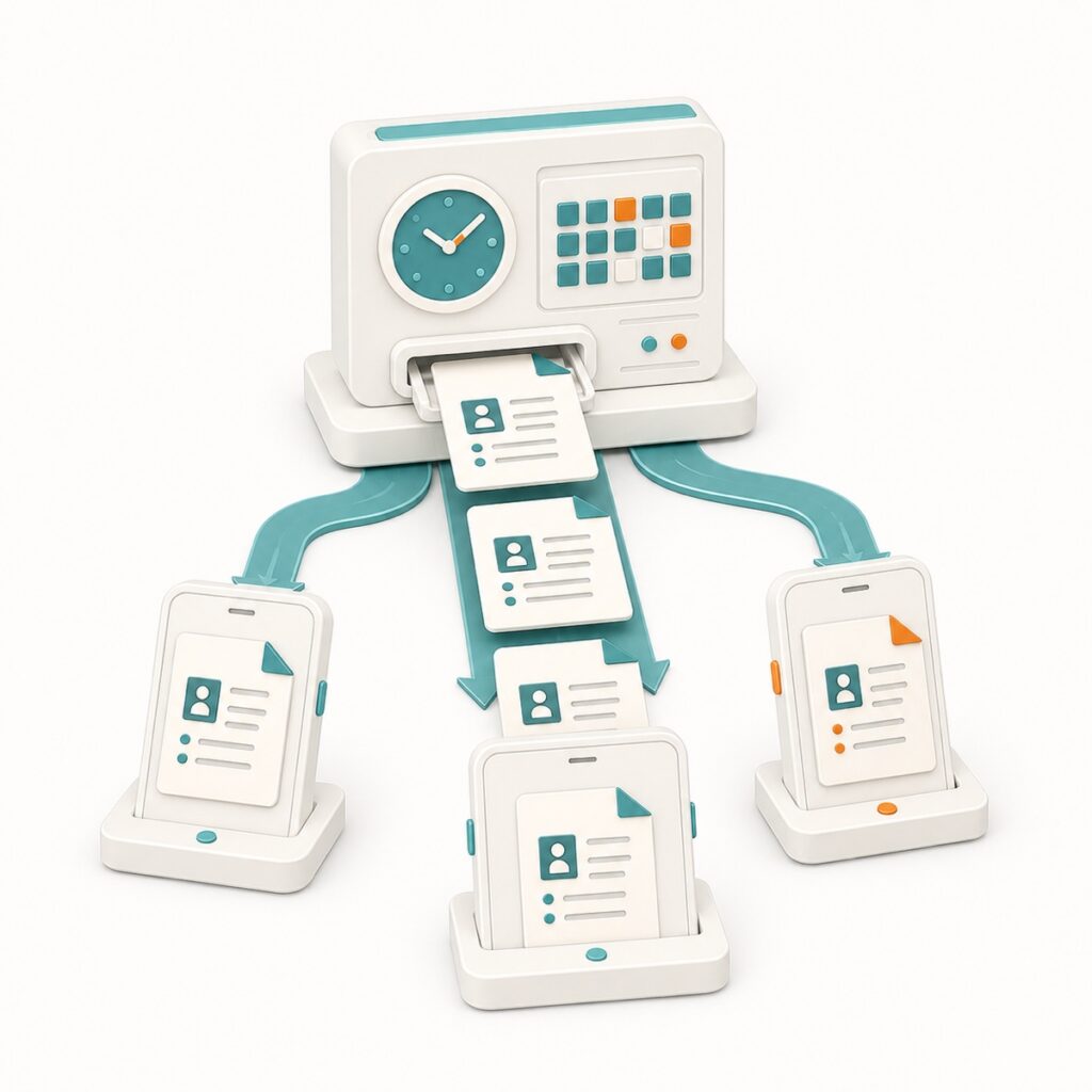 A scheduling console sends assigned forms automatically to three field mobile devices.