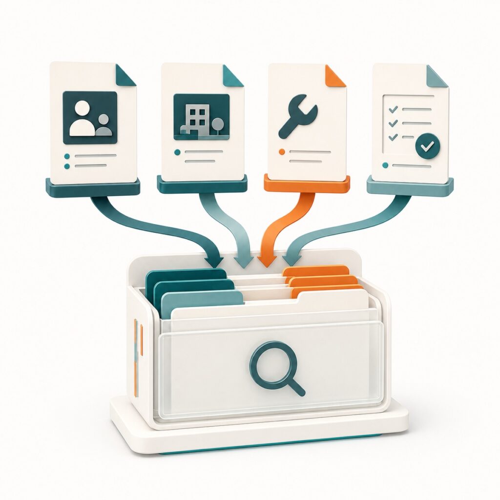 Organized client, site, asset and completed-form records flow into one searchable library.