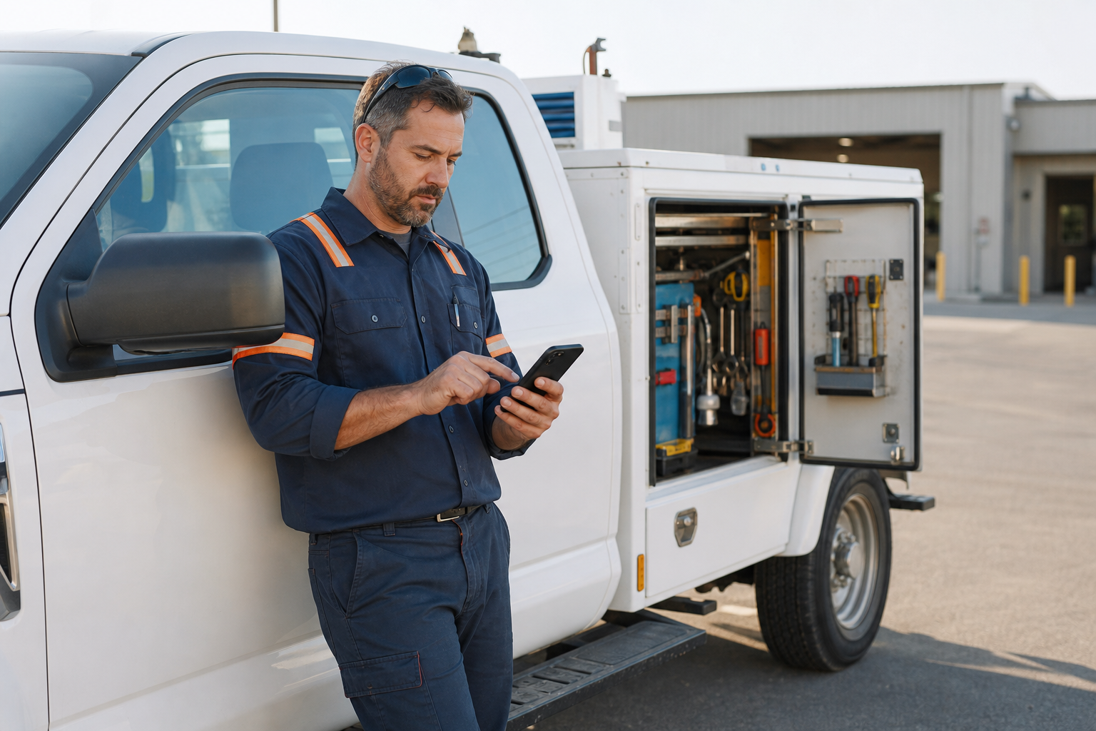 Field-service technician using an iPhone beside an organized utility service truck