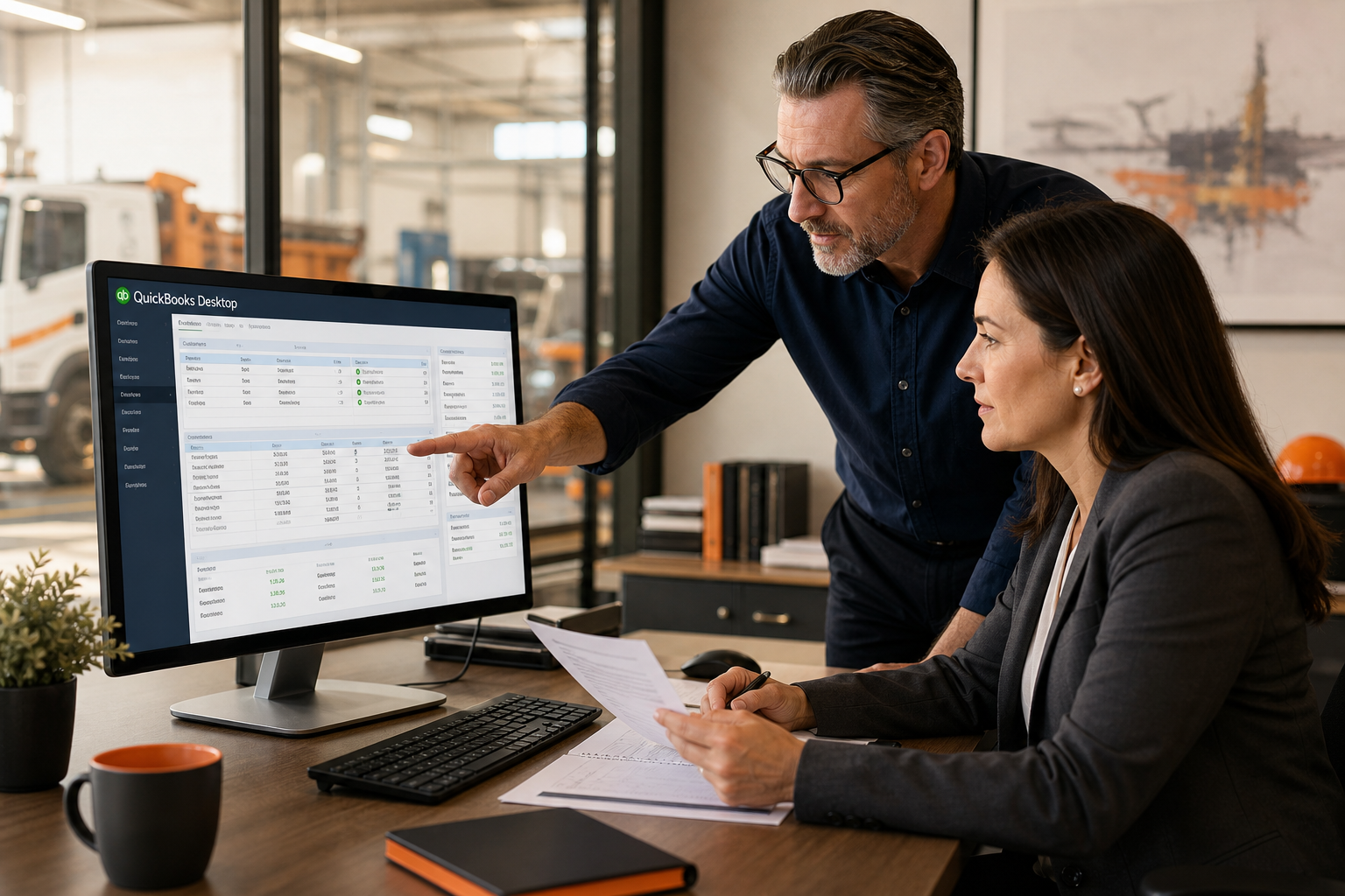 Two accounting professionals reviewing field-service transactions in QuickBooks Desktop