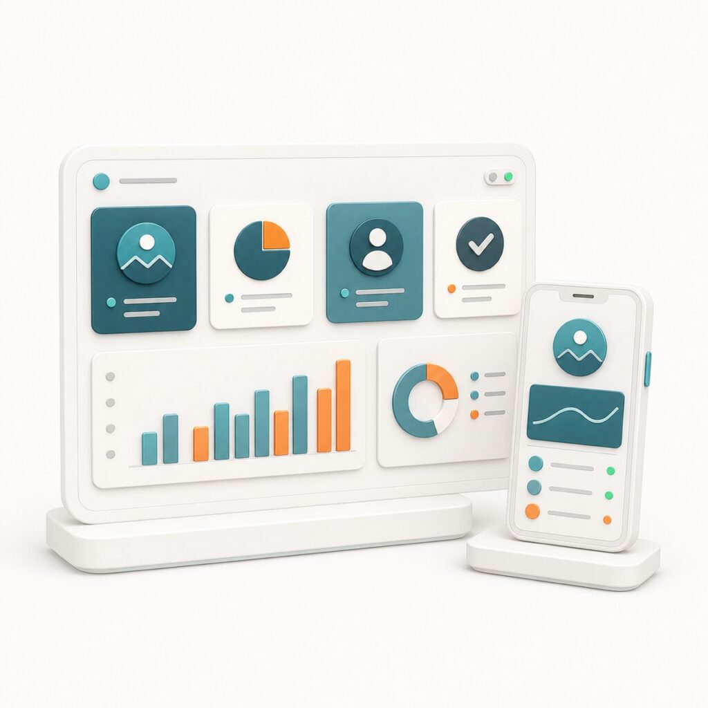 A desktop dashboard and mobile view display live charts, activity metrics and workflow status.